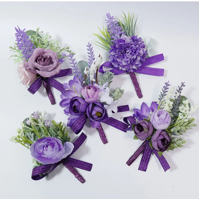 

Purple Bridesmaid Wrist Flowers Handmade Wedding Corsages And Boutonnieres Brooch Pins Artificial Rose Bride Groom Boutonniere