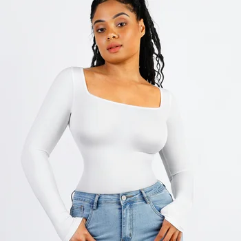 심리스 여성용 스퀘어 넥 긴팔 티팬티 바디수트 거들 보정속옷 바인더, 슬리밍 아웃웨어, 데일리 허리 트레이너 모양