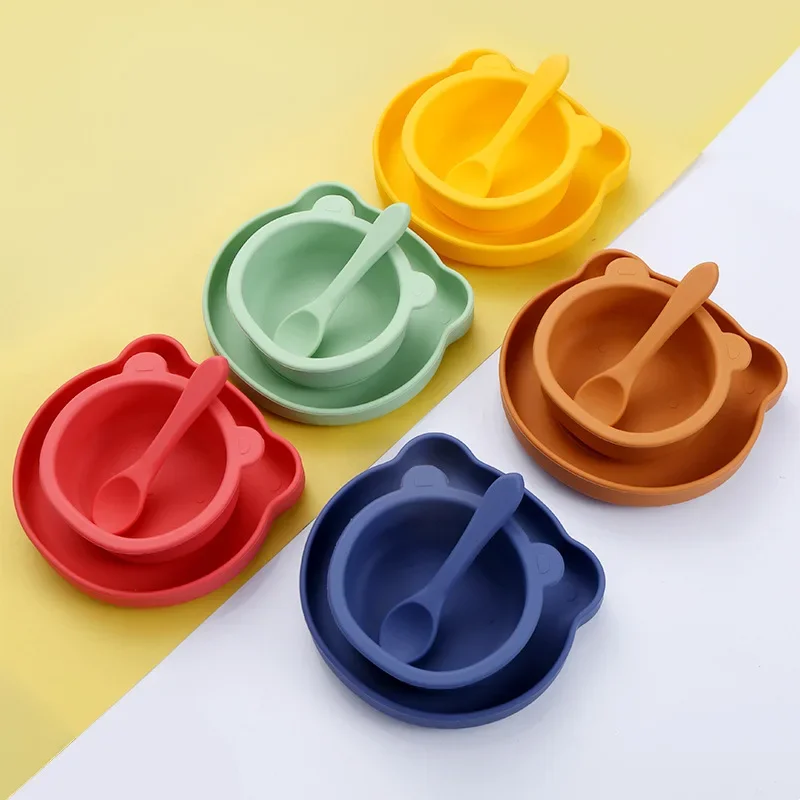

Детская силиконовая тарелка, интегрированная чаша на присоске, ложка для кормления ребенка, детская Чаша для обучения еде, набор посуды