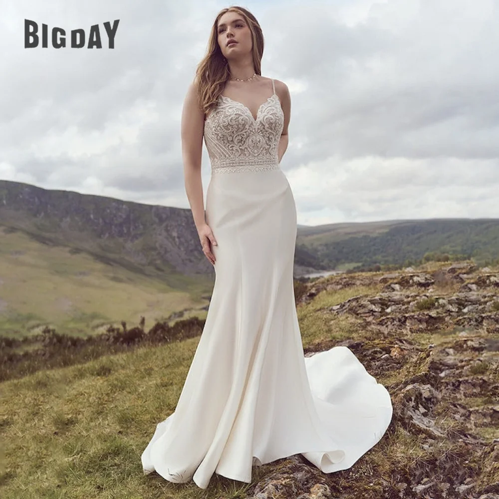 

Simple Lace Appliques Wedding Dresses 2024 Mermaid Sleeveless Crepe Ruched Spaghetti Straps Backless Bride Gown Vestido De Novia