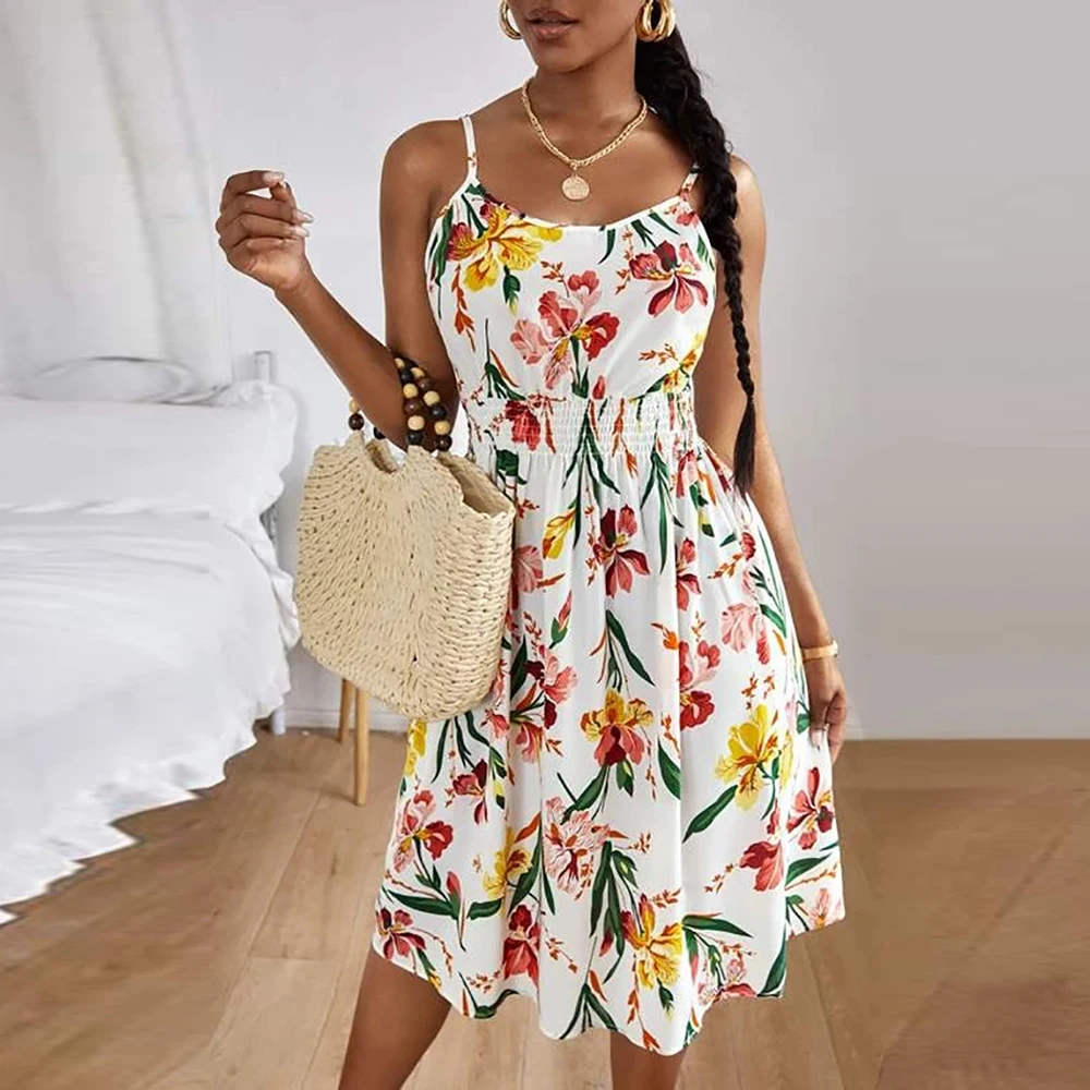 

Boho Floral Beach Dresses Women Summer 2023 Spaghetti Strap Sleeveless Elastic Waist Midi Sundress Sexy Backless Female Vestidos