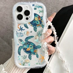 Wave - Shaped Clear Phone Case with Sea Turtle Underwater Design and Bowknot Lanyard - iPhone 15 Plus (1 - T16969)