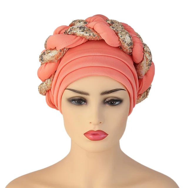 Turbans for Women Pleated Beanie Headwrap African Hat Arab Wrap Muslim Scarf Hijabs Hair Aso Oke Auto Gele Readymade to Wear Cap 031