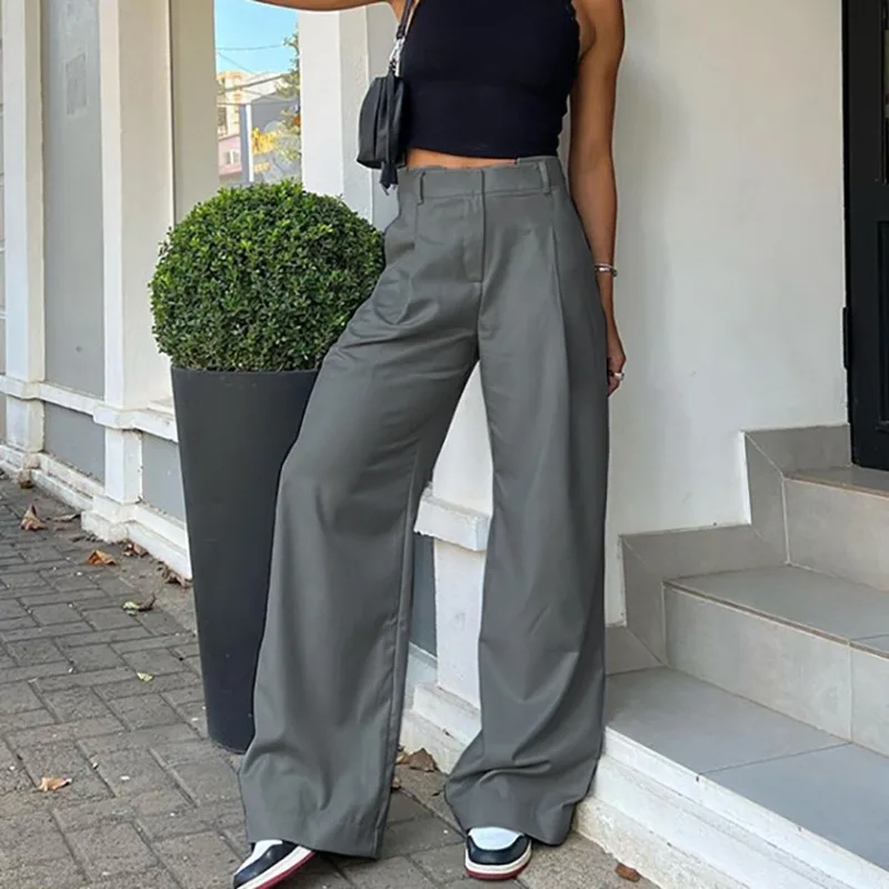 Spring New Women's Grey Fashion Wide Leg Pants Professional Temperament Commuting Street Female Loose Casual High Waist Trousers women street hip hop canvas belt single row hole gold color metal buckle waistband student trousers waist strap cinturon mujer