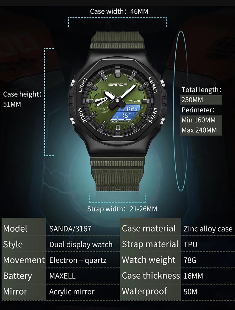 SANDA New Style Men Military Sport Wrist Watch Blue Quartz Steel Waterproof Dual Display Male Clock Watches Relogio Masculino