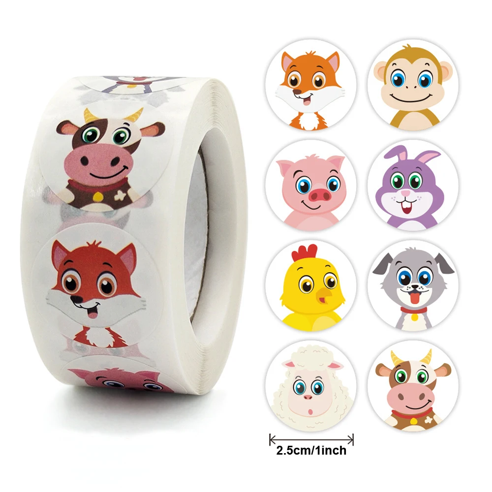 1000Pcs 2 Roll 2.5cm/1inch  Reward Stickers Round Animal Sticker Roll Self Adhesive Cartoon Lovely Stickers Fun Motivational Sticker Labels For Teacher Children Kids Classroom Nursery School Supplies