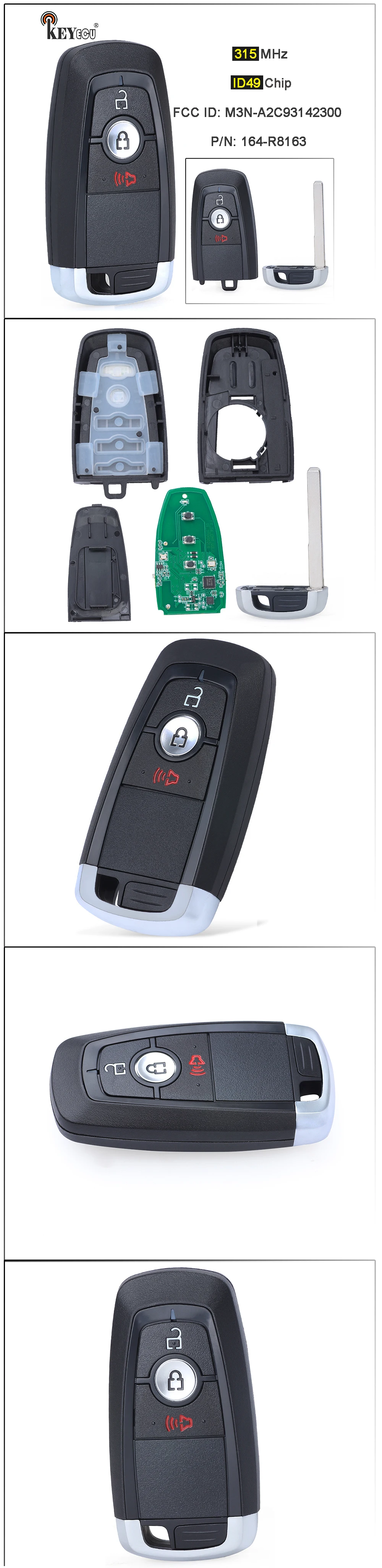 Keyforkess 315MHz ID49 Chip M3N-A2C93142300 164-R8163 Smart Remote Key Fob per Ford Fusion F250 F350 F450 Explorer Bronco Ecosport - S24b4f245013a46838dad1421b9284108k
