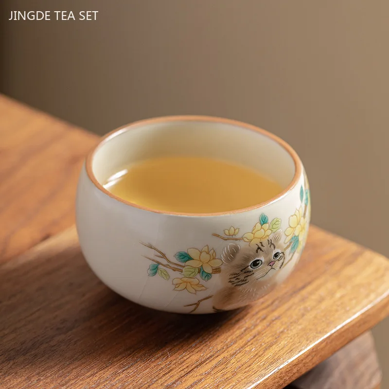 2pcs Beige Ru Kiln Ceramic Cup Chinese Light Luxury Retro Zen Tea Cup Handmade Portable Master Cup Traditional Tea Accessories