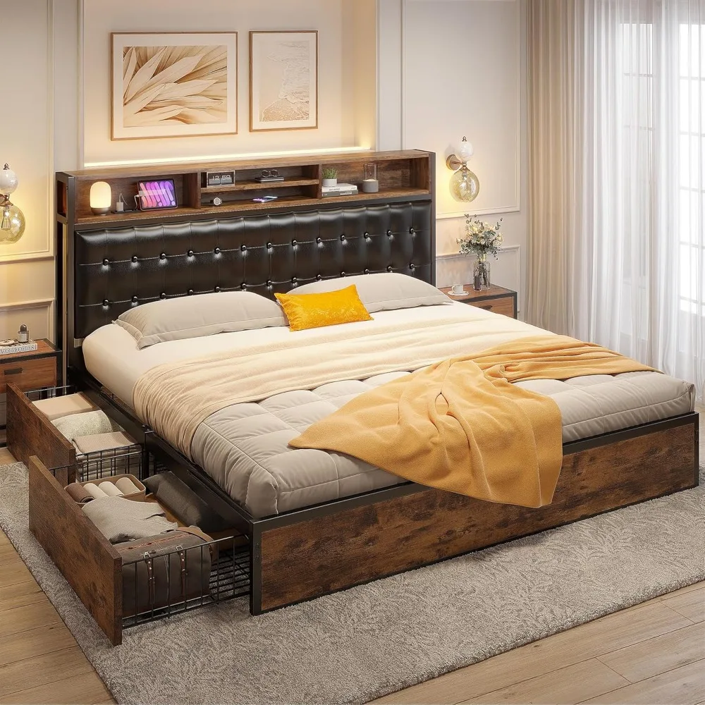 King Size Bed Frame with 4 Storage Drawers Kings Beds Frames and Headboard Upholstered Charging Station, King Bed Frame 4