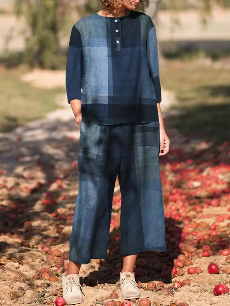 

ZANZEA Female Fashion Urban Tracksuits Women Vintage Matching Sets 2PCS Summer Long Sleeve Blusas Blouse and Elastic Waist Pants