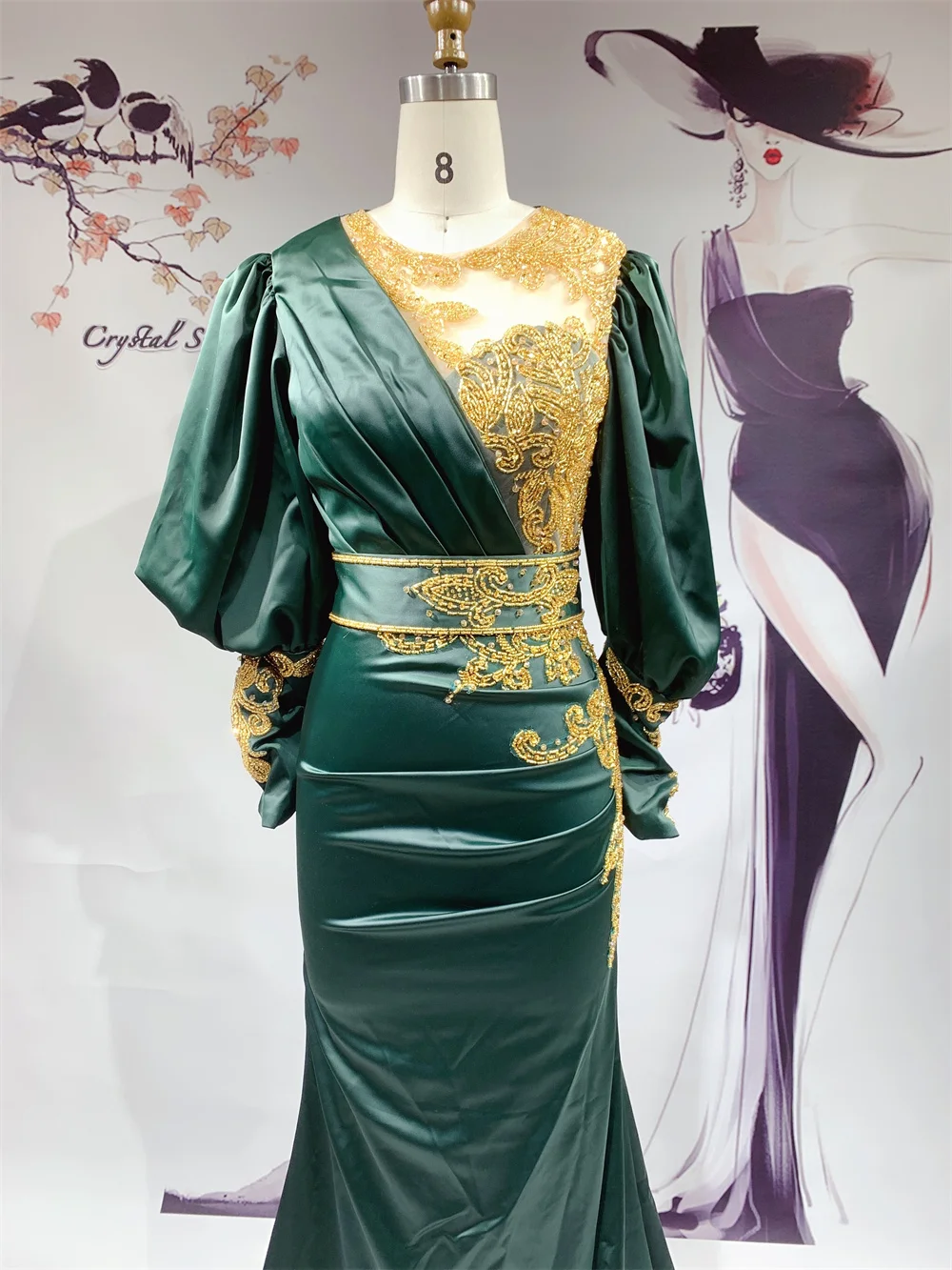 evening dresses for women Muslim Luxury Mermaid Arabic Evening Dress Long Sleeve O-Neck Beaded Dubai Formal Dress For Women Wedding Party Gowns green evening gown