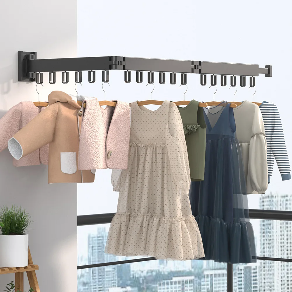 Folding Clothes Hanger Wall Mount Retractable Cloth Drying Rack Indoor &  Outdoor Space Saving Aluminum Home Laundry Clothes line