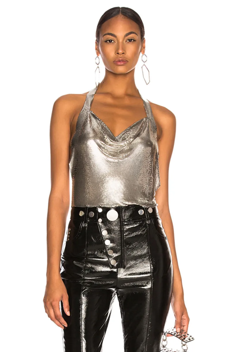 

2022 Summer Women's Sequin Metal Camisole Nightclub Sexy Halter Neck Top