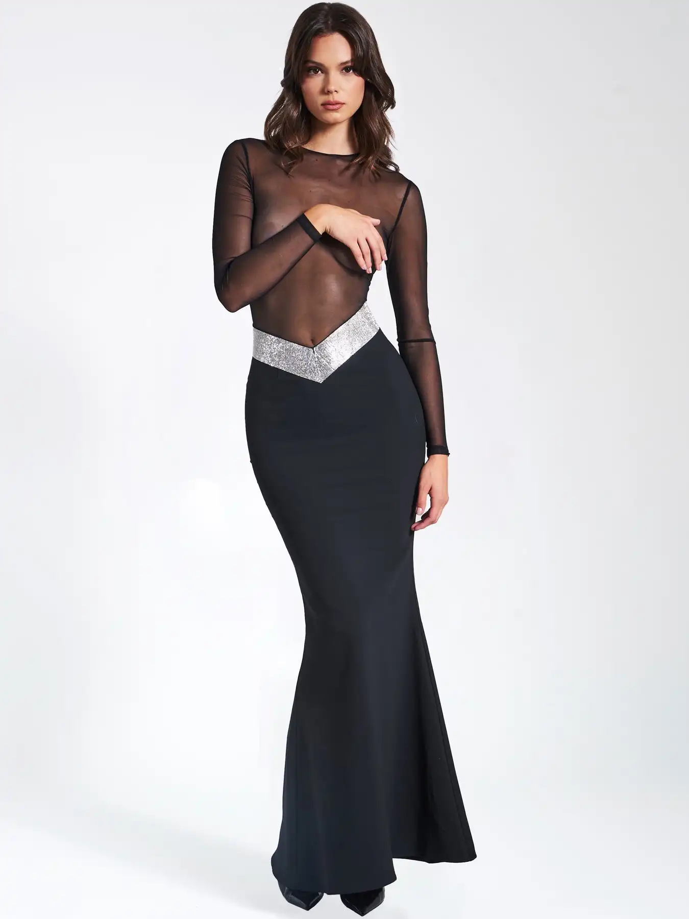 

Women Celebrity Sexy Long Sleeve Mesh Diamonds Sparkly Black Maxi Long Bandage Dress 2023 Elegant Evening Club Party Dress