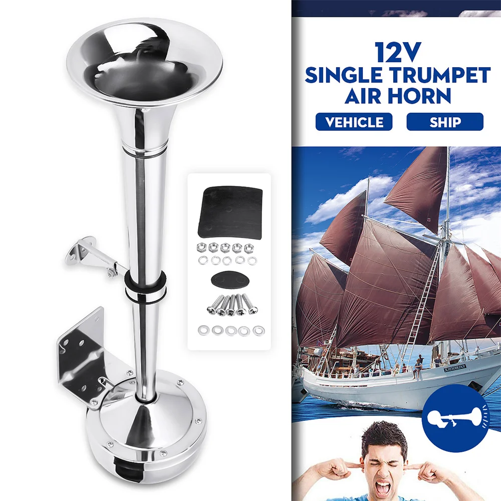 12V/24V Polished Stainless Steel Single Trumpet Horn Low Tone For Marine Boat Truck Lorry Caravan RV
