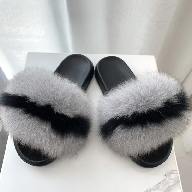 Real Fur Slides Summer Fox Fur Slippers Women Indoor House Ladies Fur Sandals Furry Flip Flops Plush Shoes Woman EVA Slippers — view 6