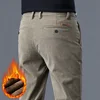 Winter Men's Fleece Casual Pants Corduroy Thicken Warm Plush Pants Fashion Straight Business Thermal Trousers Khaki Black Gray