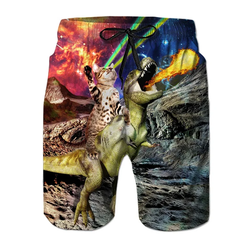 Funny Dinosaur Cat Graphics Beach Shorts Men 3D Print Animal Surfing Board Shorts Summer Hawaiian Swim Trunks Cool Ice Shorts 2