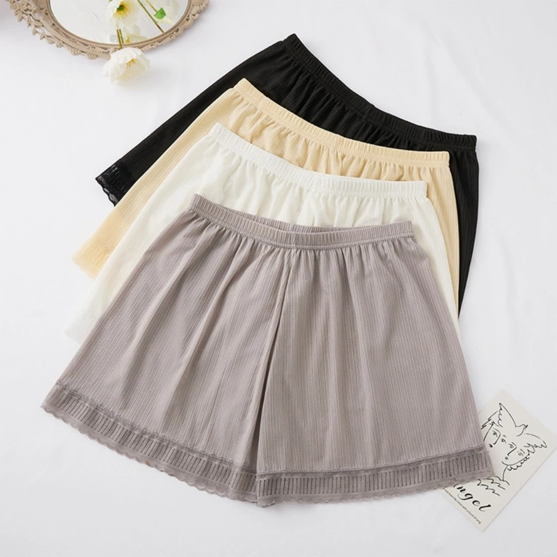 Women Shorts Underwear Ice Silk Half Slip Lace Underpants Safety Pant Wide Leg Loose