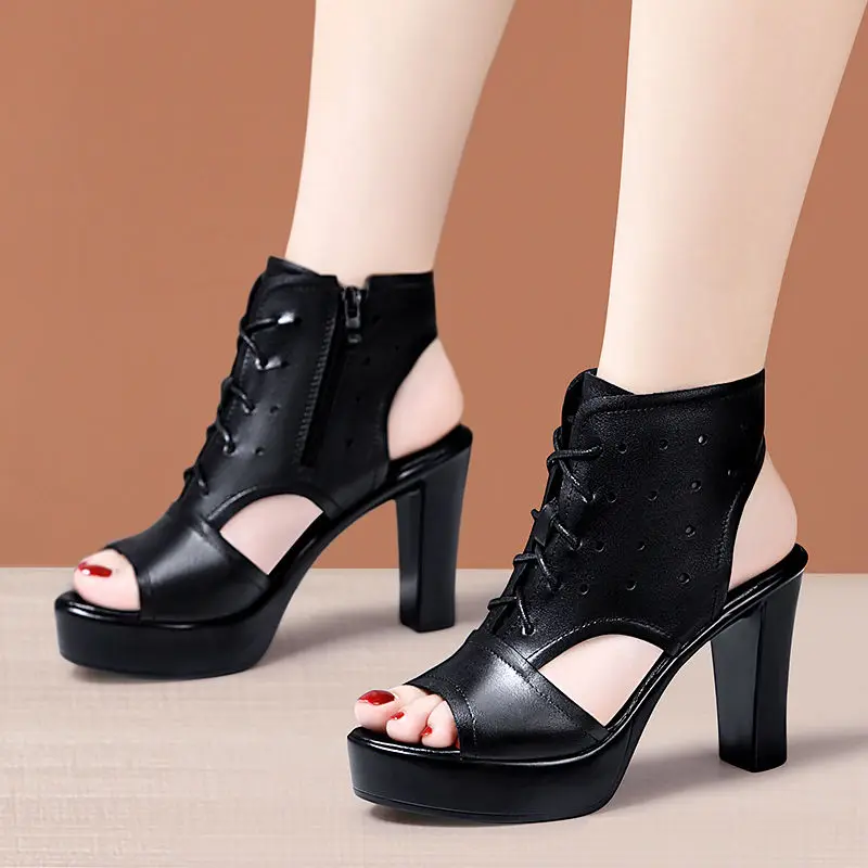 

Small Size 32-43 Genuine Leather Shoes Women's Platform Shoes Summer 2023 Black Block High Heels Gladiator Sandals Office Mom