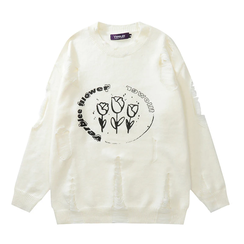 

Hole Knitted Sweater Men Hip Hop Letters Flower Print Pullover Autumn Winter Retro Streetwear Oversized Sweaters Tops Pull Homme