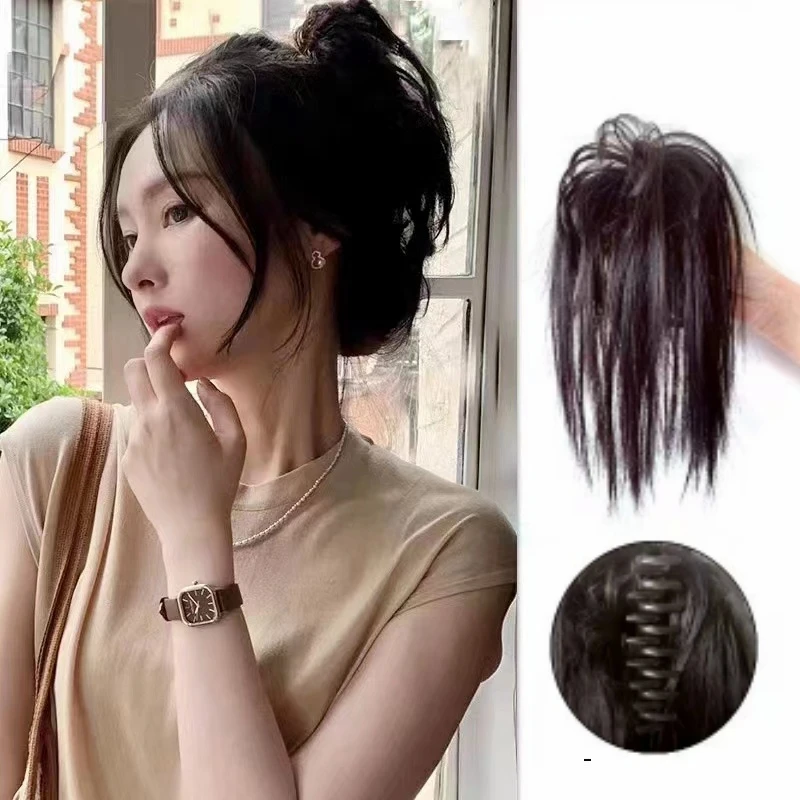 Anemone Human Nautral Hair Messy Straight Hair Buns Tail Claw Clip In Extension Chignon Updo Cover Hairpiece for Women 30g