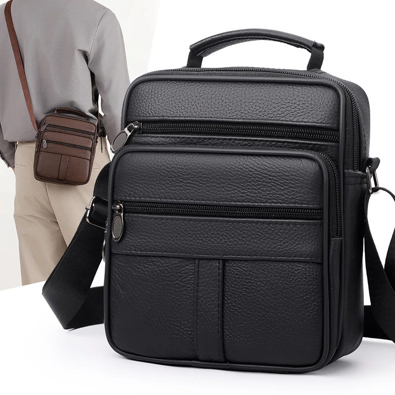 Men's fashionable black synthetic leather crossbody bag | Adjustable shoulder strap, business and leisure | Office supplies | Fa