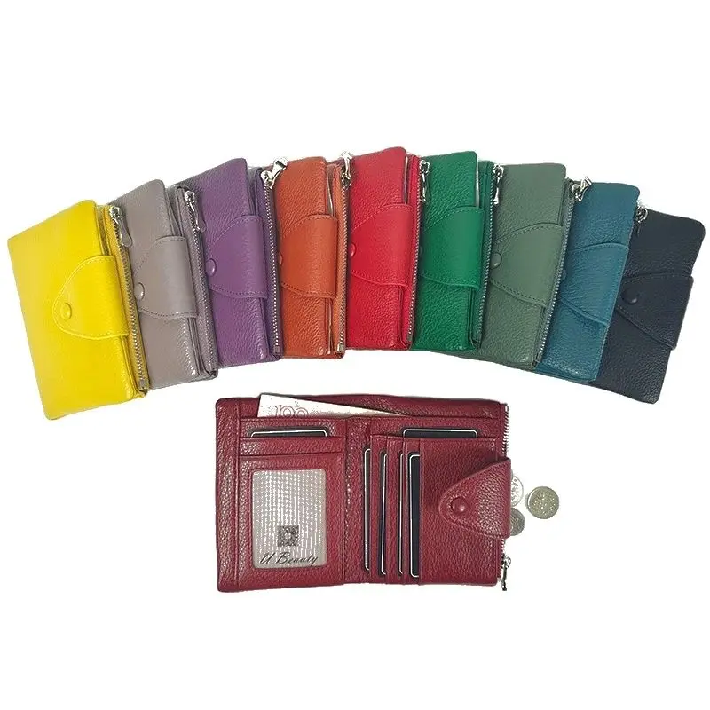 Soft Genuine Cow Leather Women Short Wallet Fashion Snap Button Closure Casual Cowhide Coin Pocket Purse ID Card Holders Purses