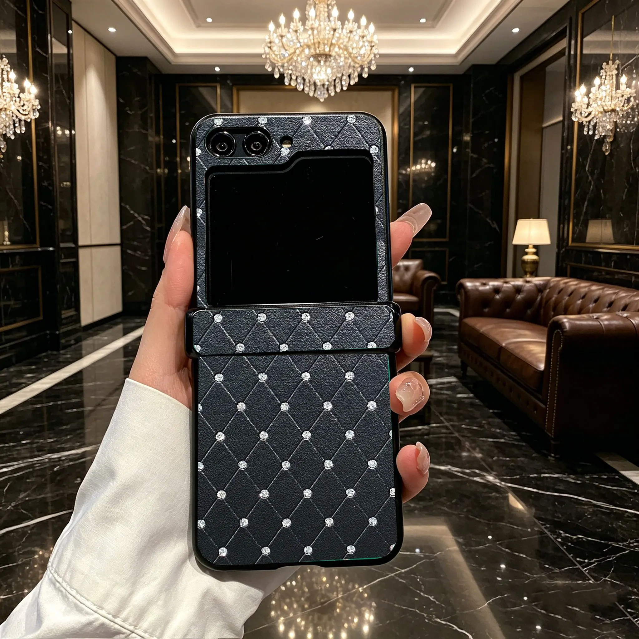 Rhombus Grid Luxury Leather Phone Case - Shockproof Back Cover