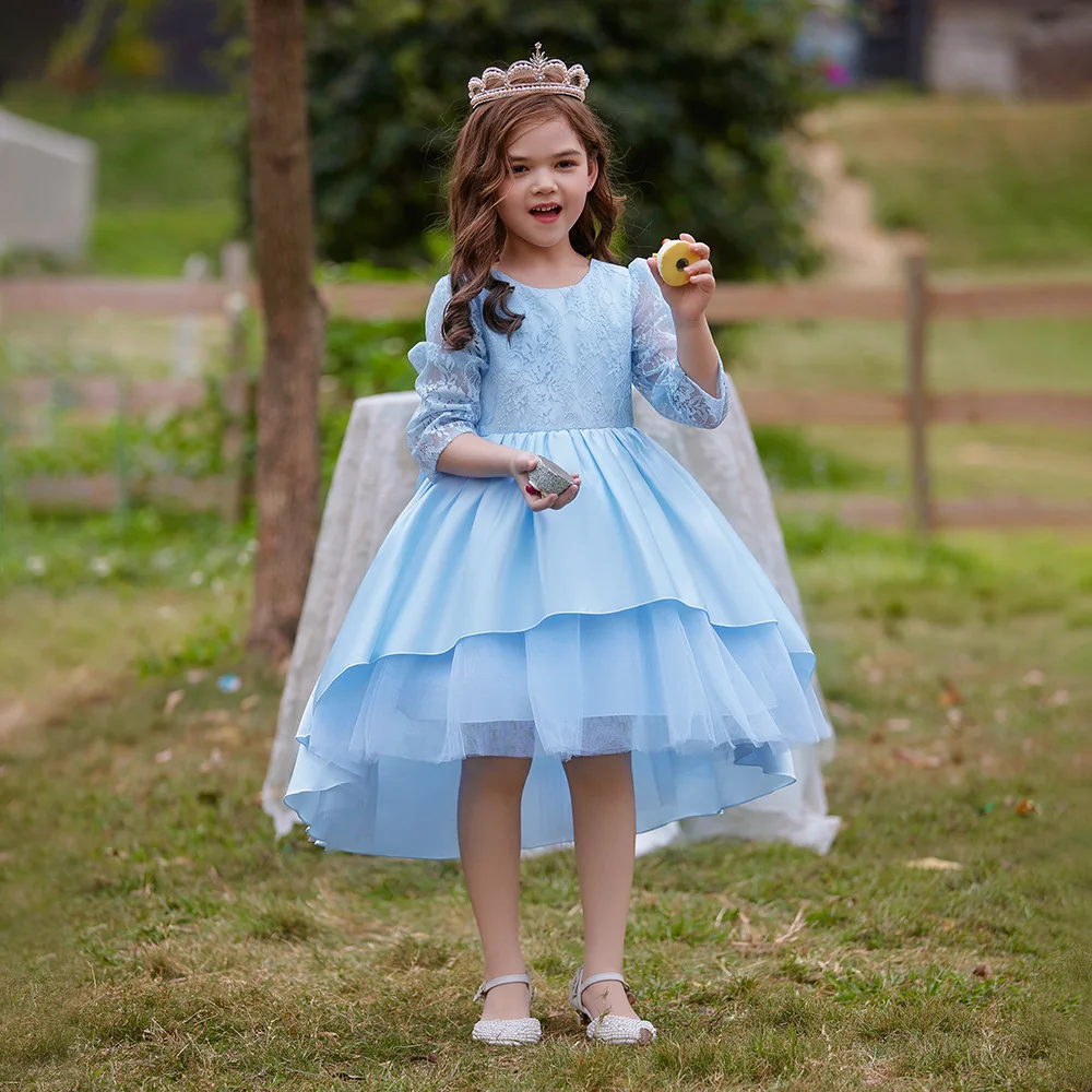 

Little Girls 3/4 Lace Sleeves Flower Girl Dress Birthday Party Pageant Girls Hi-Lo Dress T5369