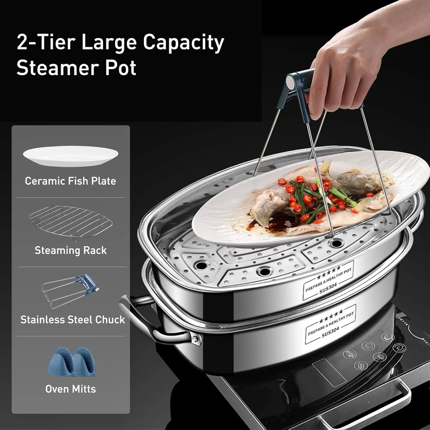2-Tier Stainless Steel Fish Steamer - Multi-Use Square Steaming Cookware with Rack, Ceramic Plate, Chuck, Oven Mitts - Stockpot
