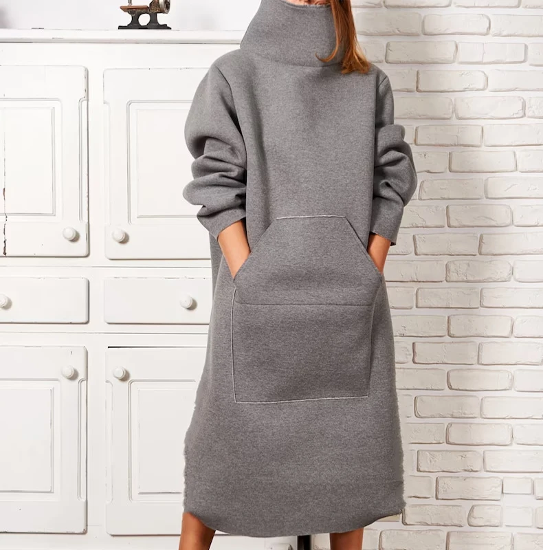 

Casual Long-Sleeved Straight Versatile Jumper Women Commuter Pocket Sports Top Winter Long Solid Color Turtleneck Sweatshirt