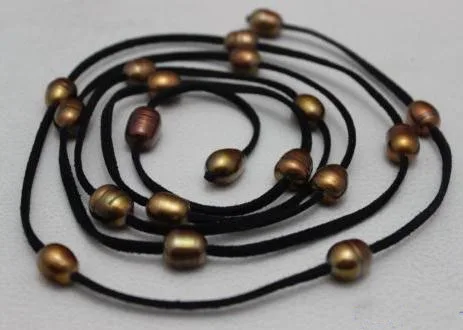 

Unique Design AA Black Genuine Leather Golden Brown Freshwater Pearl Necklace 10x12mm 48'' Long Jewelry Charming Women Gift