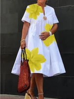 Modigirl Women's Summer New Dress 2025 V-Neck Pleated Short Sleeves White Loose Flower Print Casual Midi Dresses for Woman - Image 6