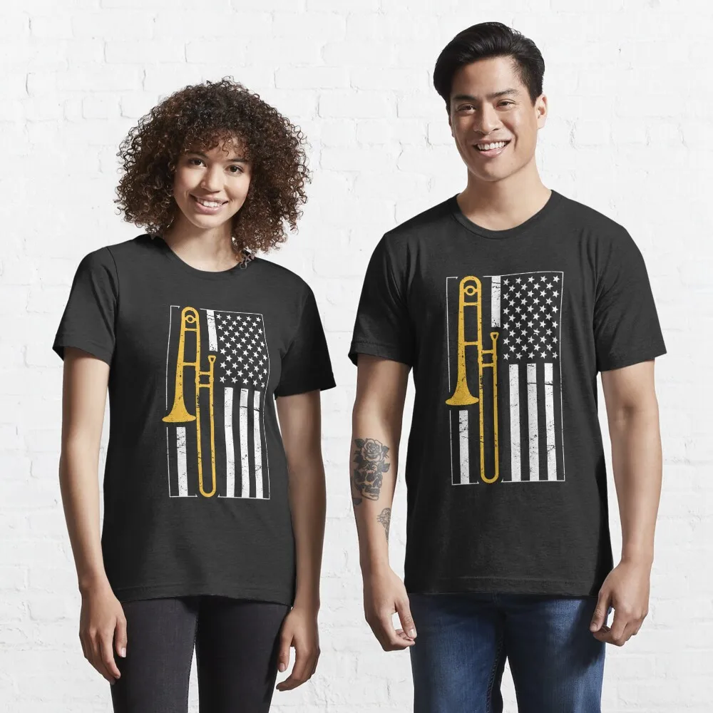 

United States Flag & Marching Band Trombone Essential T-Shirt Anime Graphic T-shirts for MenWomen100%Cotton