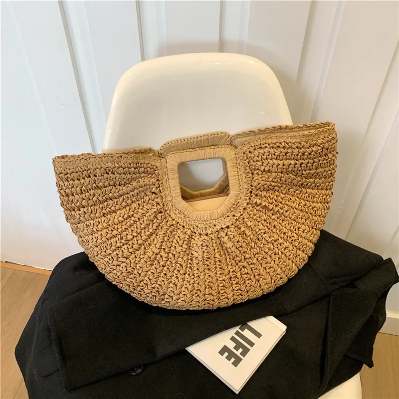 Women's Retro Rattan Handbag Handmade Knitted Tote Bag Summer Straw Half-Moon Beach Fashion Big Handle Bag