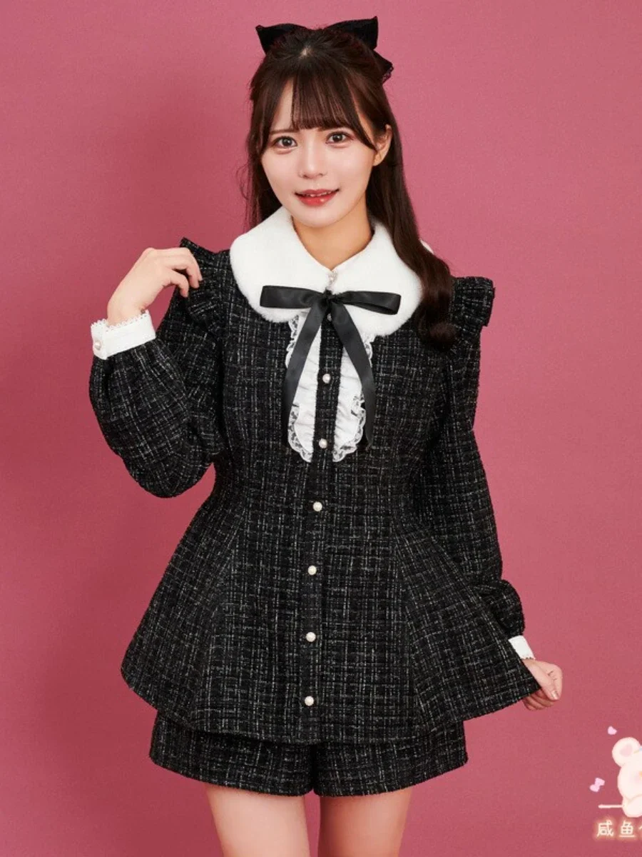 Lolita Japanese Sweet Bow Ruffled Detachable Fur Collar Long Sleeve Dress Suit Women Spring New High Waist Shorts Two-Piece Sets