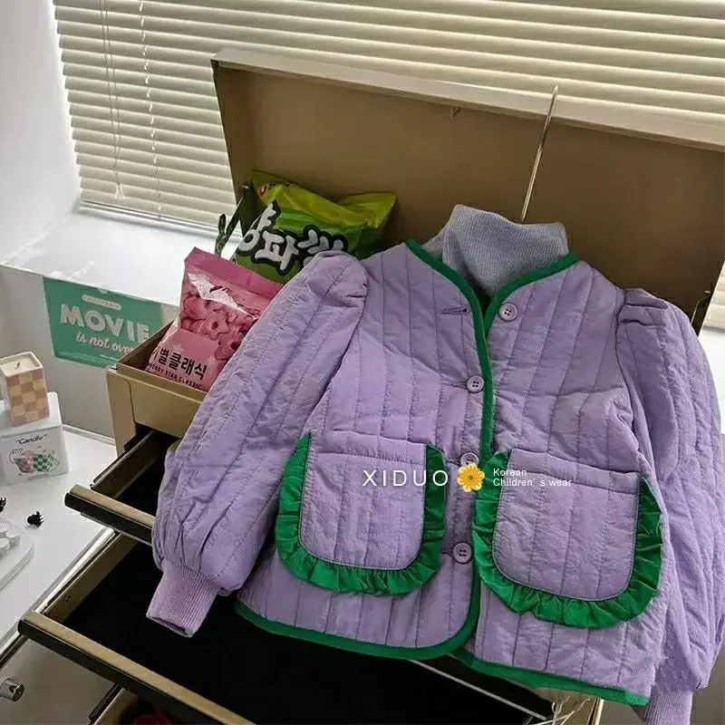 Parkas Girls Winter Children O-neck Collar Single Breasted Regular Sleeve Cotton Solid Soft Comfortable Warm Simple Gentle