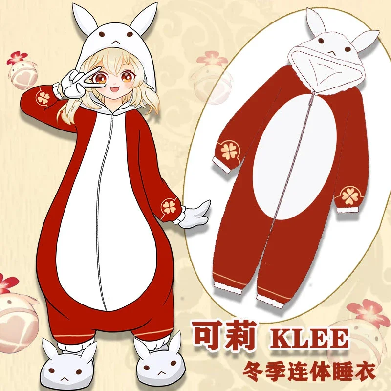 

Hot Game Genshin Impact Klee Cosplay Costumes Winter Warm Flannel Jumpsuit Rabbit Ear Red One-Piece Sleepwear For Adults