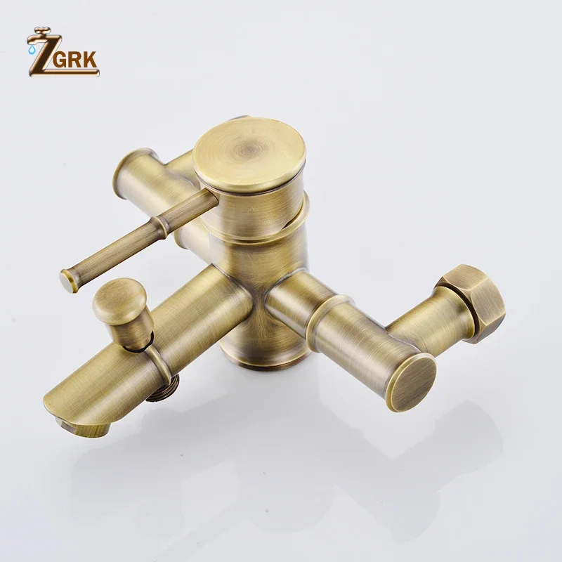 ZGRK Shower Faucets Antique Brass Wall Mounted Bamboo Bathroom Faucet Shower with Handheld Bathtub Faucet Water Mixer Crane Tap