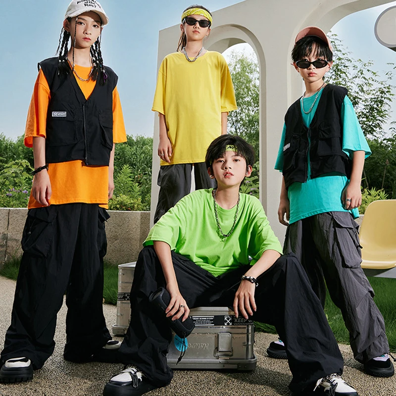

Летняя Одежда для танцев в стиле хип-хоп для подростков, свободная футболка с короткими рукавами, брюки-карго, модная уличная одежда для мальчиков и девочек, костюм для выступлений