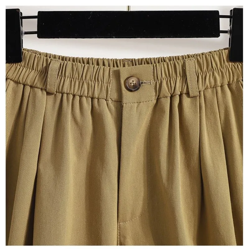 Summer Women's Clothing Solid Color Elastic Button High Waist Pockets Casual Loose Wide Leg Streetwear Commuter Trendy Shorts