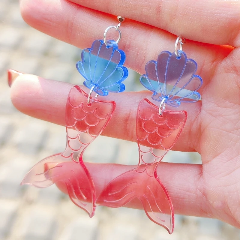 KUGUYS Fischschwanz-Muschel-Ohrhänger für Damen, klares Acryl, rosa, grün, Schmuck, Strand- und Urlaubszubehör – Detail 10