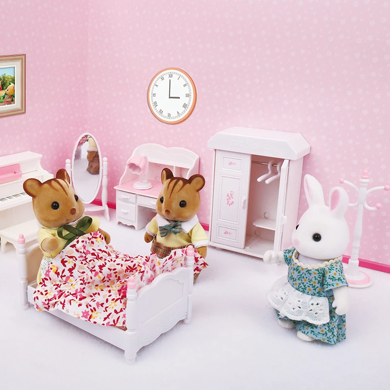 miniature dollhouse furniture 1/12 Dollhouse Forest Family Microfilm Furniture Bathroon Kitchen Dining Room Bed Wardrobe Model Play House