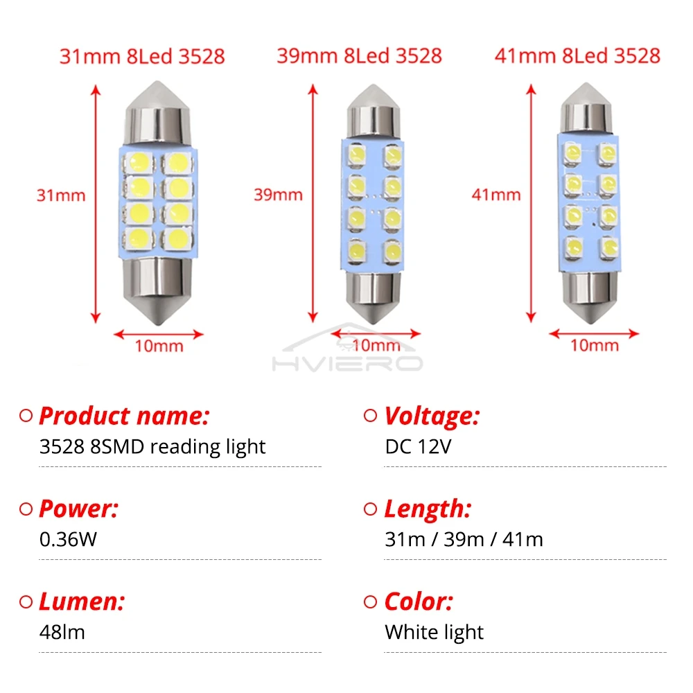 2PCS 31mm 36mm 39mm 41mm DC12V T10 흰색 3528 8SMD 독서 조명 LED 꽃줄 돔 도어 램프 꼬리 전구 장식 더블 지적