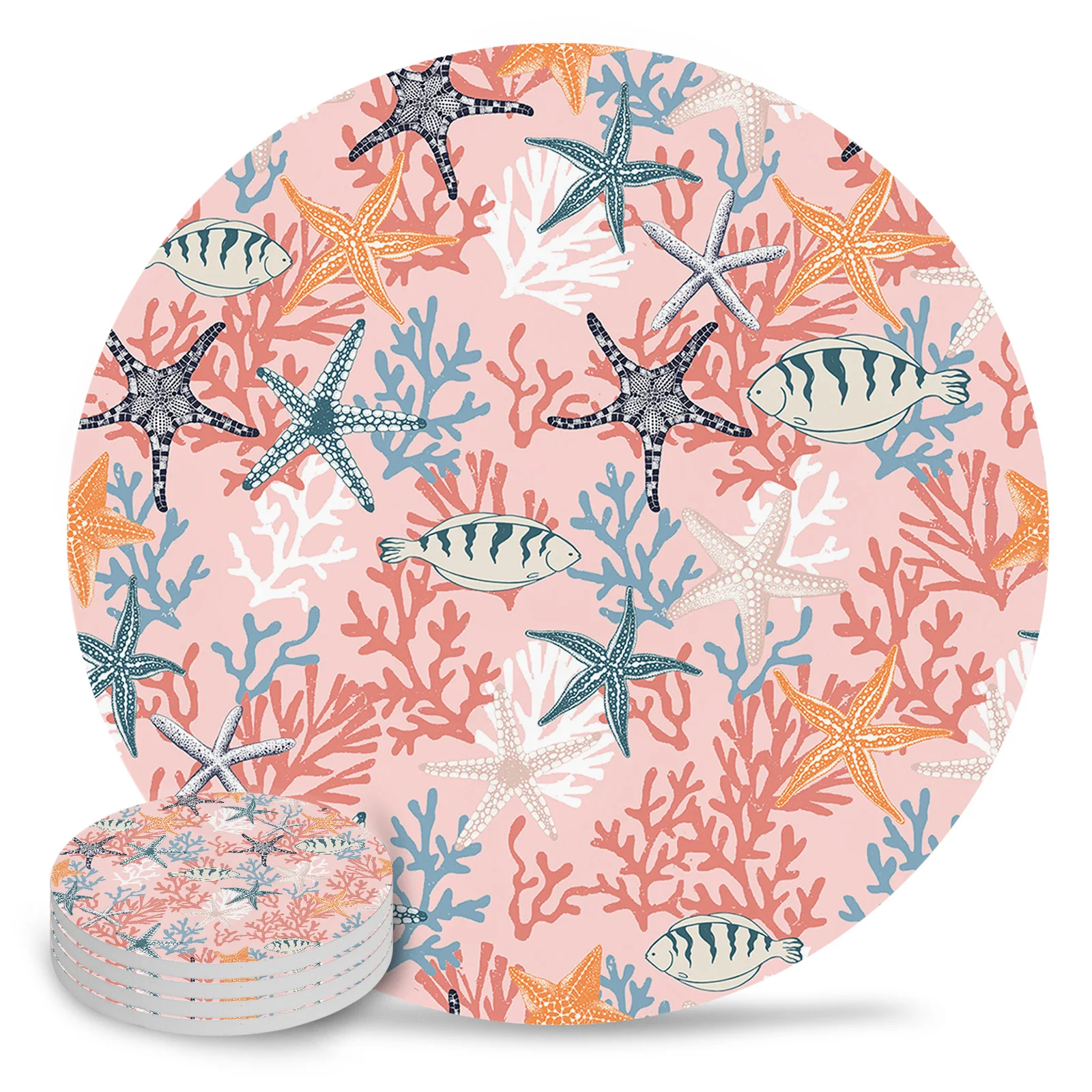 

Starfish Coral Fish Hand Drawn Coasters Ceramic Set Round Absorbent Drink Coaster Coffee Tea Cup Placemats Table Mat