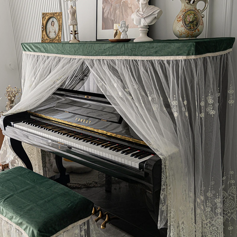 French Princess Piano Cover Modern Minimalist Dark Green Embroidered Lace Piano Dust Cover Home Korean Decor Cloth