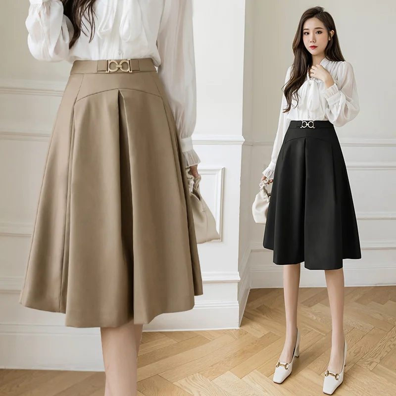 

Elegant Vintage Women Skirts New Fashion Casual A Line Office Ladise Black Knee-length Skirt Korean High Waist Faldas