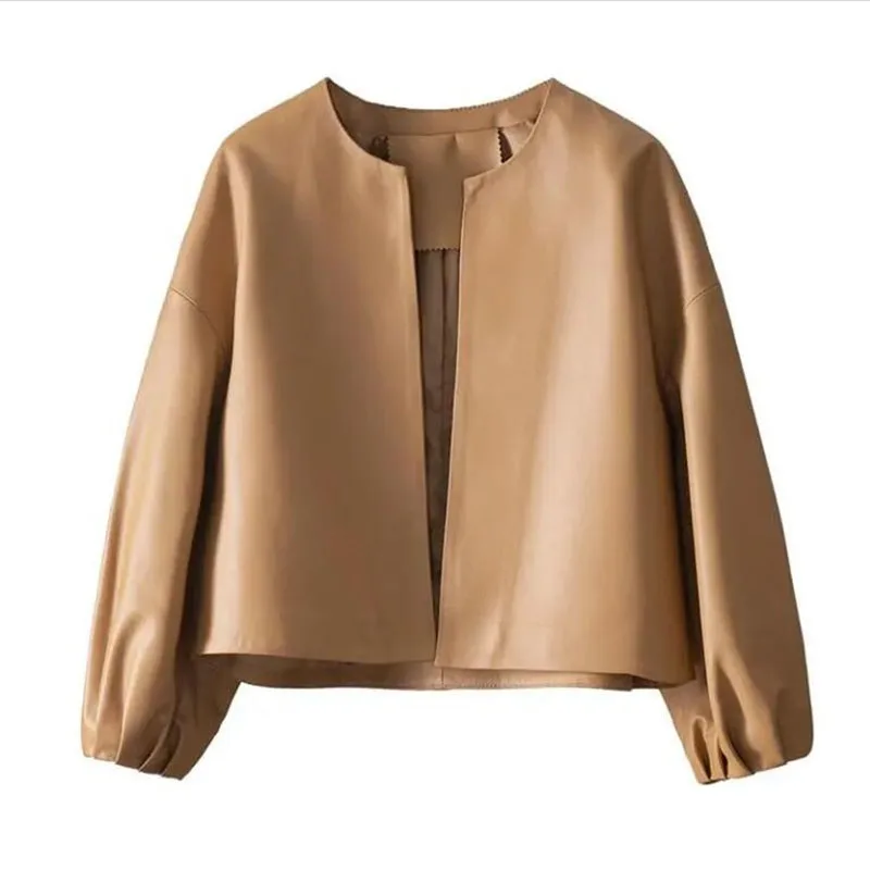 

Fashion Khaki Black Leather Jacket Spring Autumn Women Coat Round-Neck Lantern Sleeve PU Leather Short Coat Motorcycle Clothing