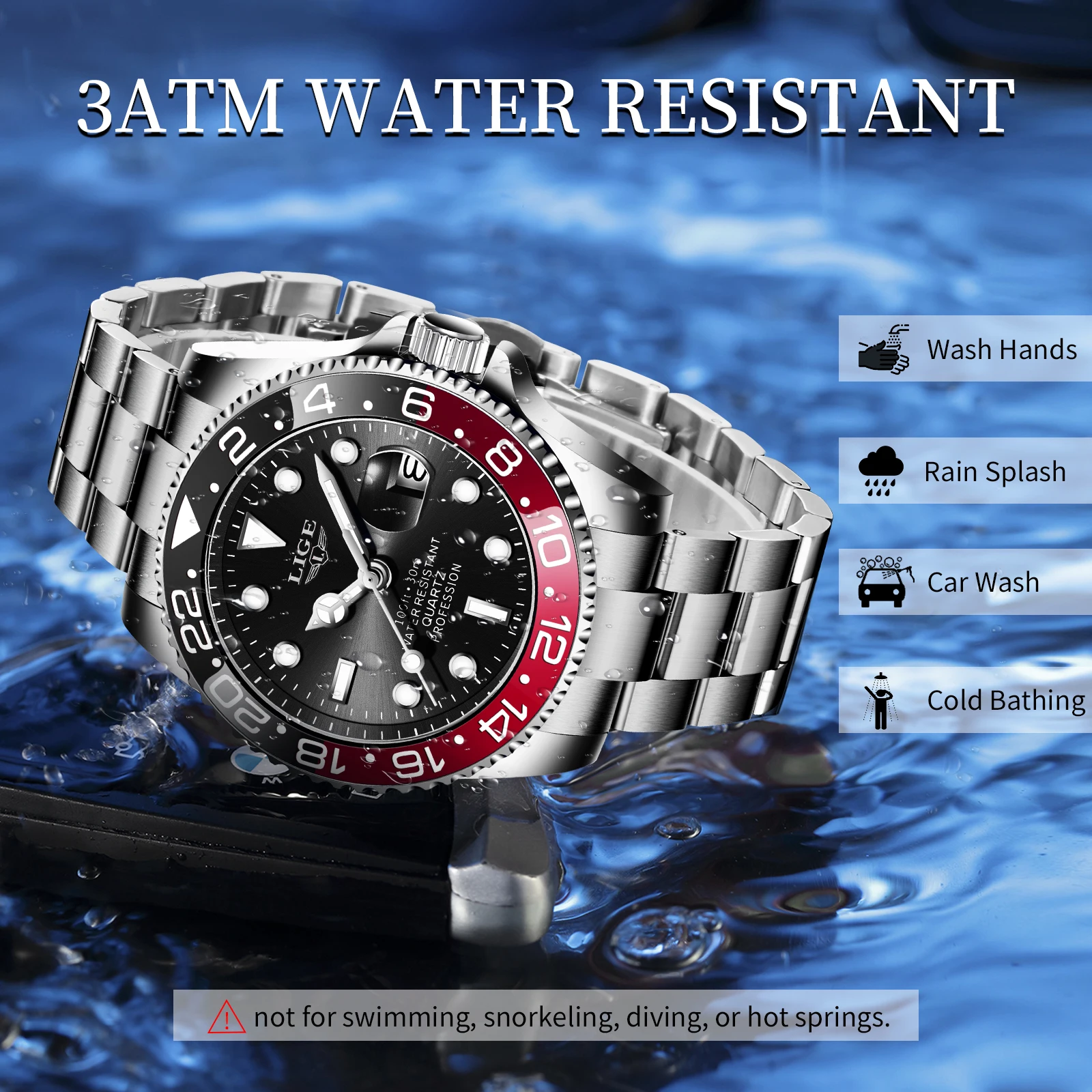 Elegant LIGE Men's Luminous Stainless Steel Quartz Luxury Watch - Waterproof Business Timepiece